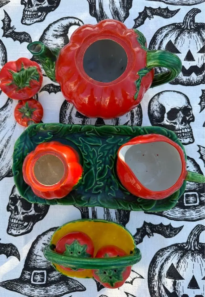 Vintage Mid-Century "Tomato Ware" / Pumpkin Ceramic Tea & Condiment Set - Made in Japan - photo 3