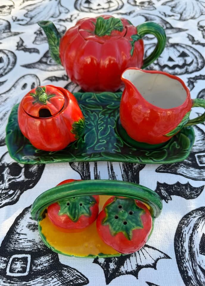 Vintage Mid-Century "Tomato Ware" / Pumpkin Ceramic Tea & Condiment Set - Made in Japan - photo 5