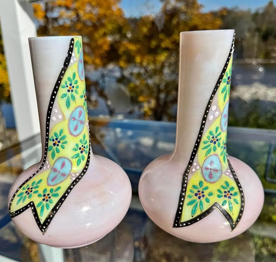 Antique Bavarian Art Glass Vases Matching Pair, Hand Enamelled - photo 1