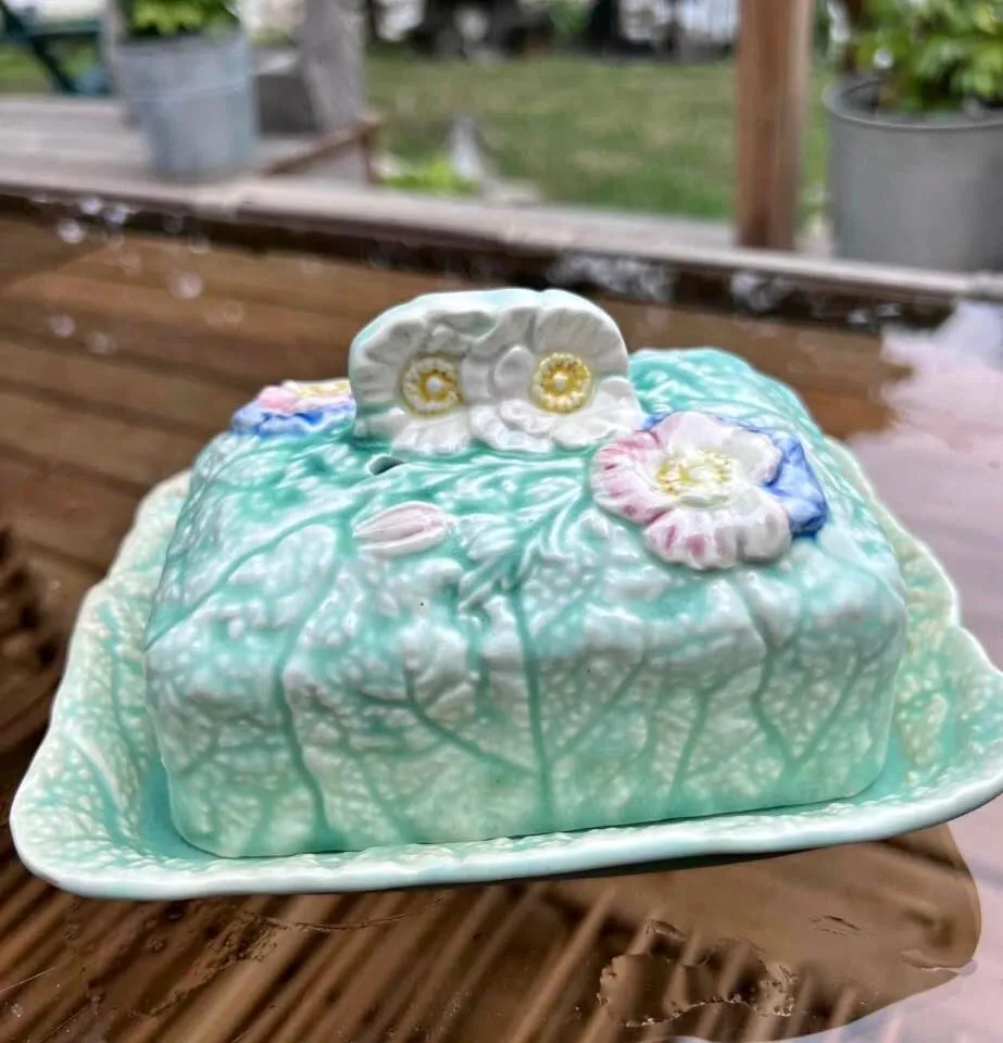 Vintage Melba Ware Covered Cheese / Butter Dish - Made in England - Mint Green Floral - photo 1