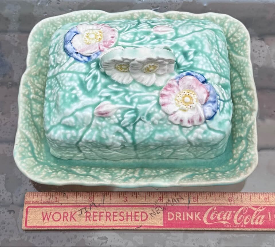 Vintage Melba Ware Covered Cheese / Butter Dish - Made in England - Mint Green Floral - photo 7