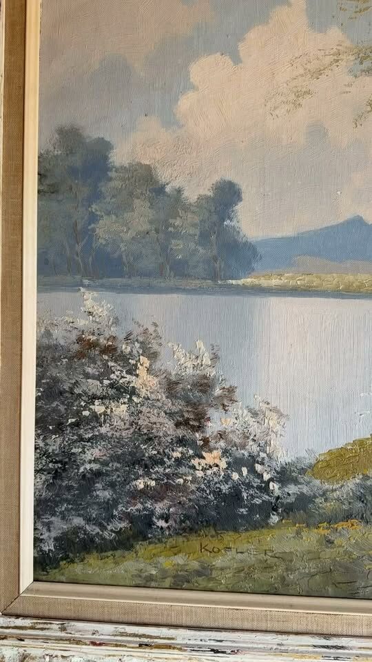 Huge 42" Vintage Mid-Century Original Oil Painting - Lake Landscape by Kofler - photo 1