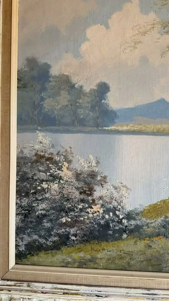 Huge 42" Vintage Mid-Century Original Oil Painting - Lake Landscape by Kofler - photo 1