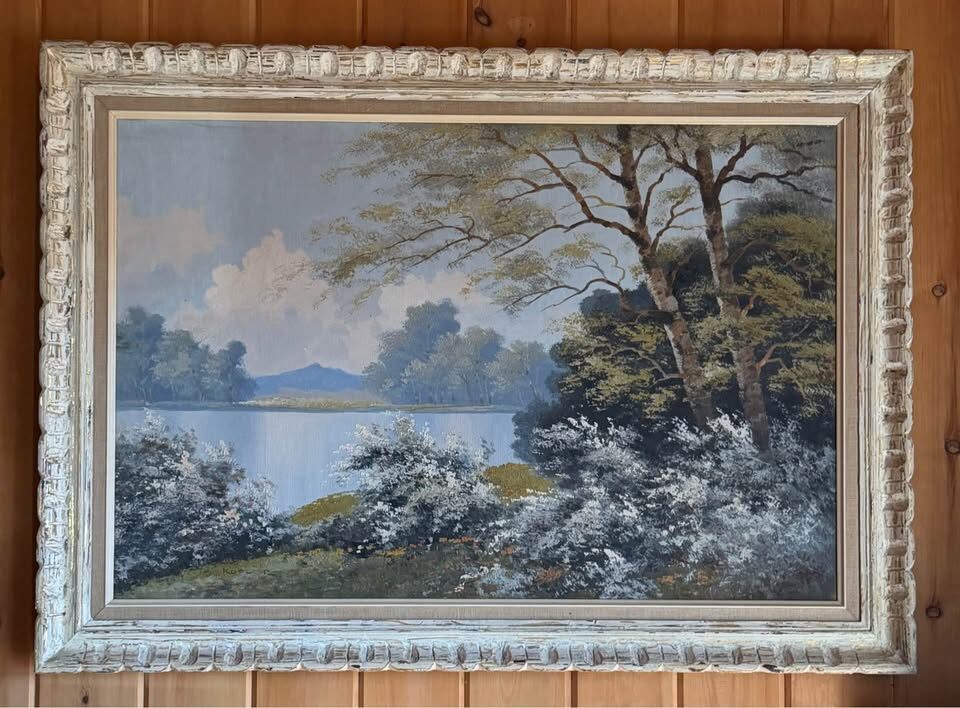 Huge 42" Vintage Mid-Century Original Oil Painting - Lake Landscape by Kofler - photo 11