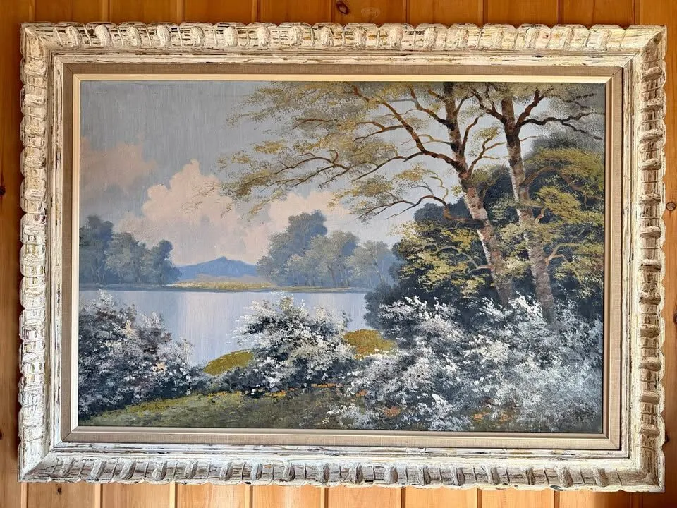 Huge 42" Vintage Mid-Century Original Oil Painting - Lake Landscape by Kofler - photo 2