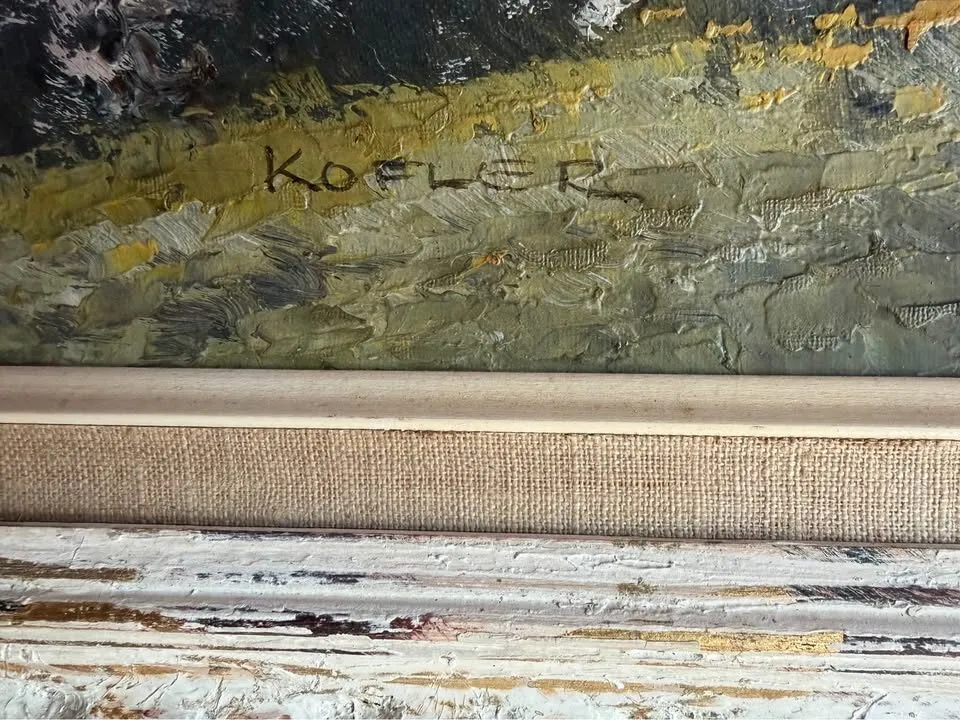 Huge 42" Vintage Mid-Century Original Oil Painting - Lake Landscape by Kofler - photo 3