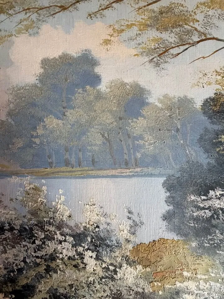 Huge 42" Vintage Mid-Century Original Oil Painting - Lake Landscape by Kofler - photo 5