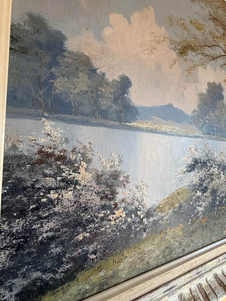 Huge 42" Vintage Mid-Century Original Oil Painting - Lake Landscape by Kofler - photo 7