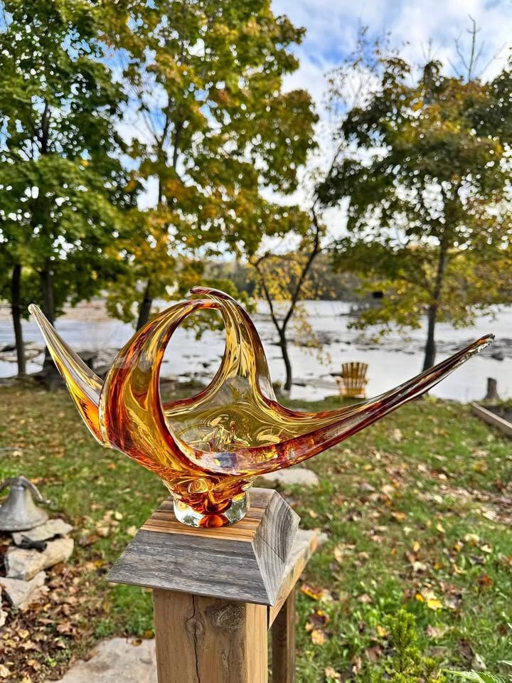 Vintage Mid-Century Amber Art Glass Centrepiece - Swung Sculptural Bowl