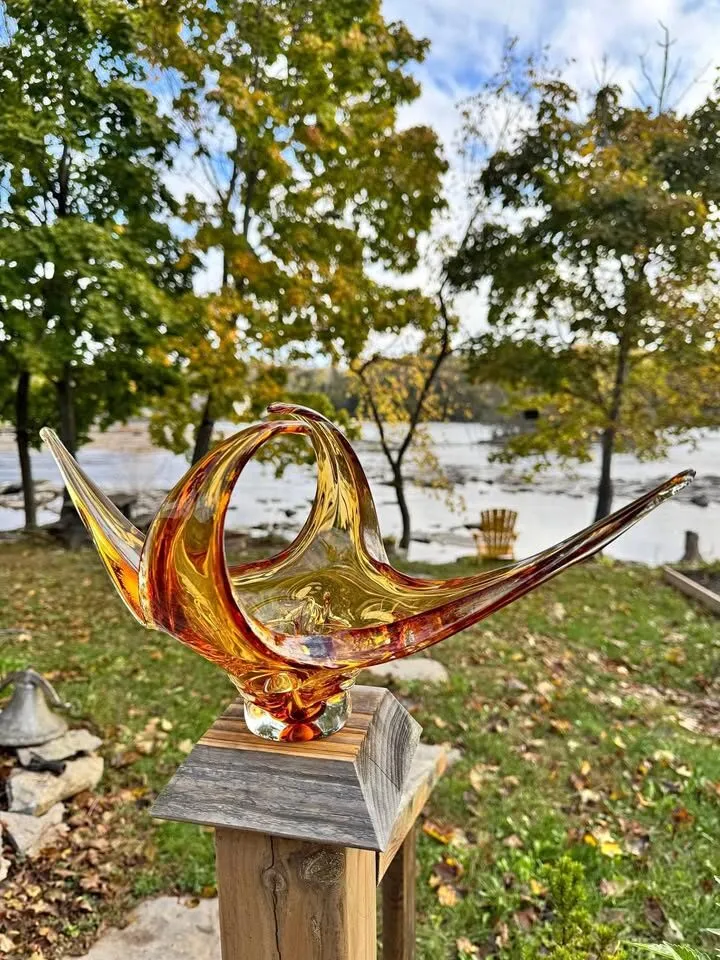 Vintage Mid-Century Amber Art Glass Centrepiece - Swung Sculptural Bowl - photo 1
