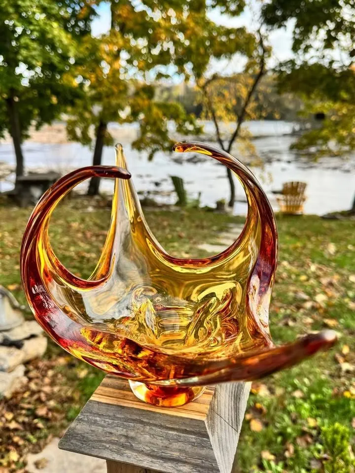 Vintage Mid-Century Amber Art Glass Centrepiece - Swung Sculptural Bowl - photo 4