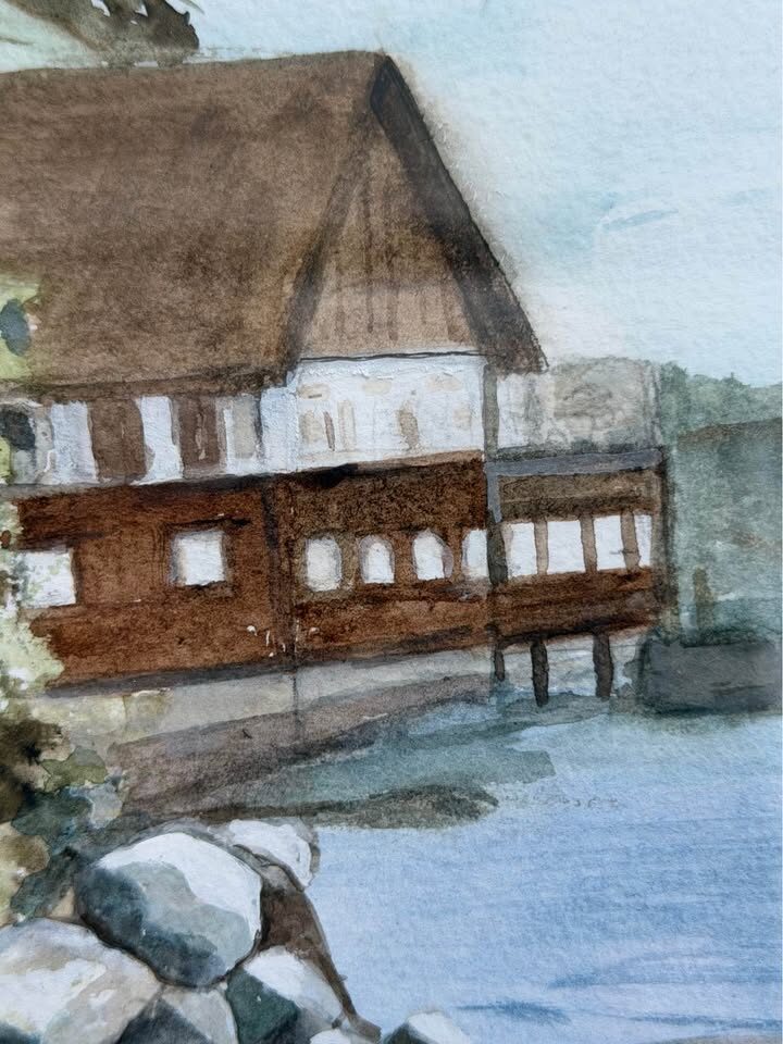 Vintage Framed watercolour"Lakeside Boathouse" - Signed R. Ewell - Modern Silver Gallery Frame - photo 5
