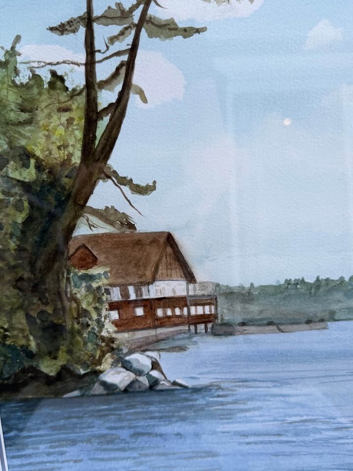 Vintage Framed watercolour"Lakeside Boathouse" - Signed R. Ewell - Modern Silver Gallery Frame - photo 6