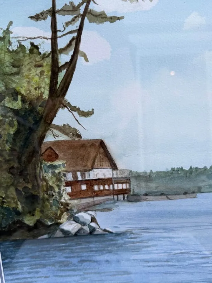 Vintage Framed watercolour"Lakeside Boathouse" - Signed R. Ewell - Modern Silver Gallery Frame - photo 6