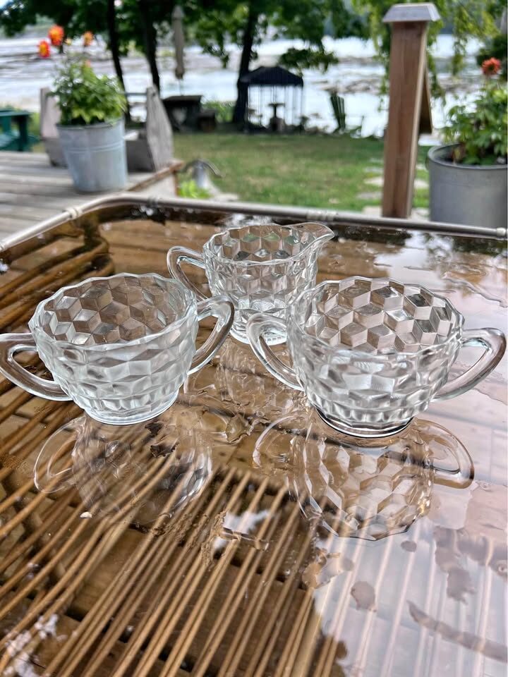 Vintage Glass Cube Sugar Bowl and creamer Set