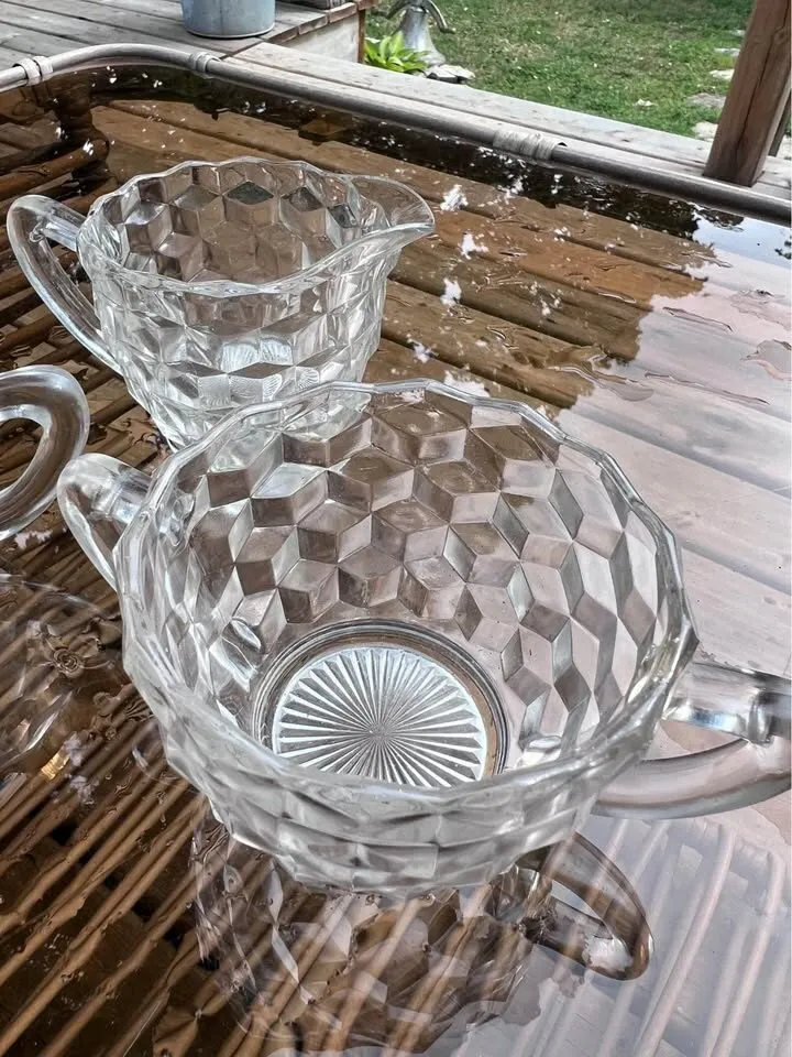 Vintage Glass Cube Sugar Bowl and creamer Set - photo 2