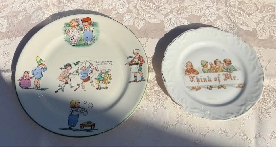 Rare 1940s Shenango Nursery Rhyme Plate & Antique German "Think of Me" Dish - photo 2