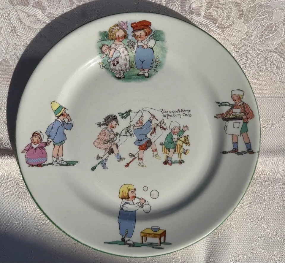 Rare 1940s Shenango Nursery Rhyme Plate & Antique German "Think of Me" Dish - photo 4
