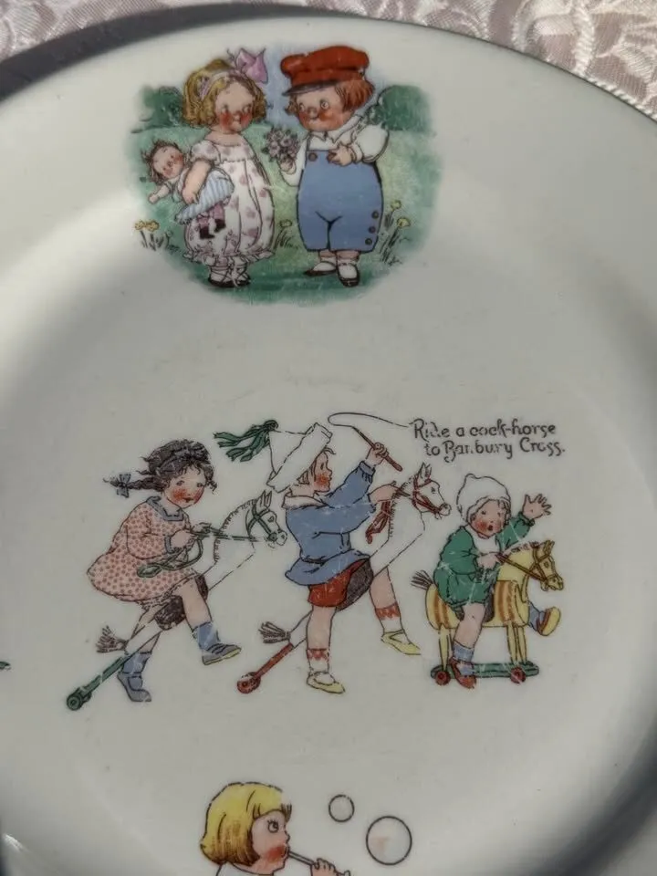 Rare 1940s Shenango Nursery Rhyme Plate & Antique German "Think of Me" Dish - photo 5