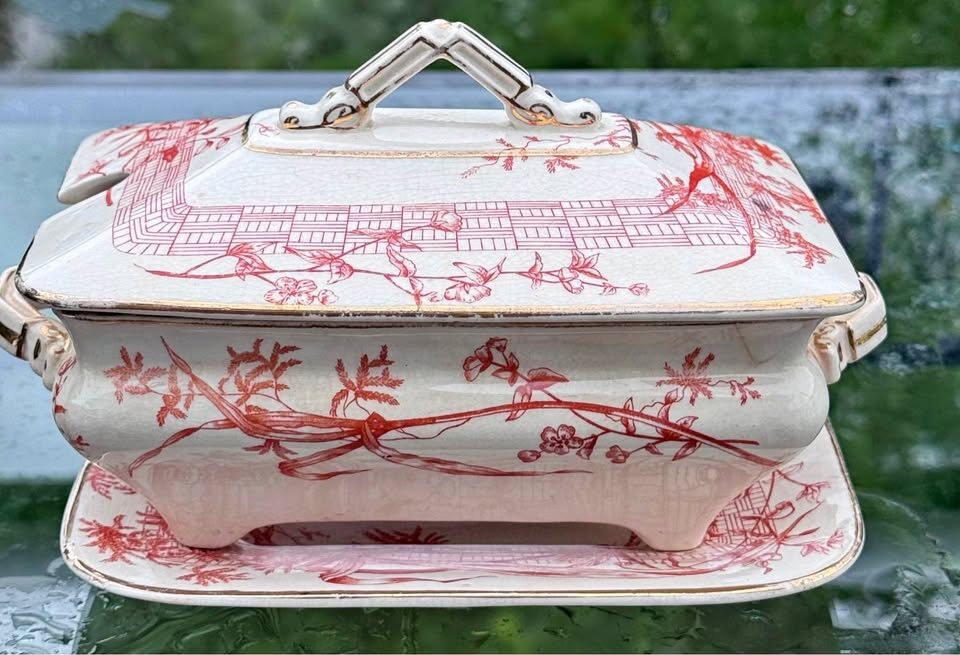 COMPLETE 1886 Antique Ridgways "Dee-Side" Sauce Tureen & Underplate - Rust Dragonfly Transferware - photo 2