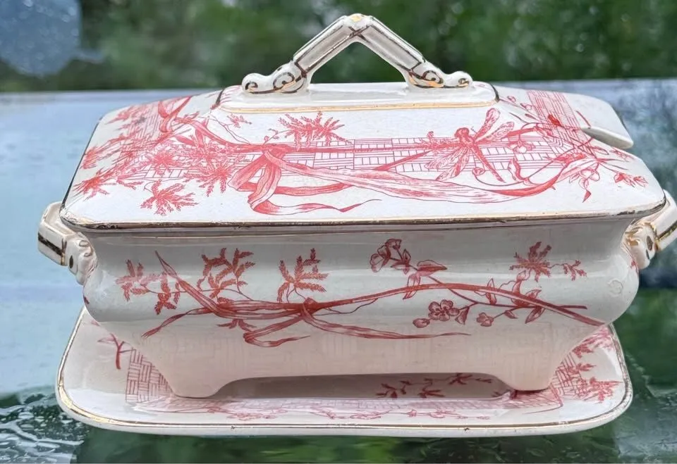 COMPLETE 1886 Antique Ridgways "Dee-Side" Sauce Tureen & Underplate - Rust Dragonfly Transferware - photo 4
