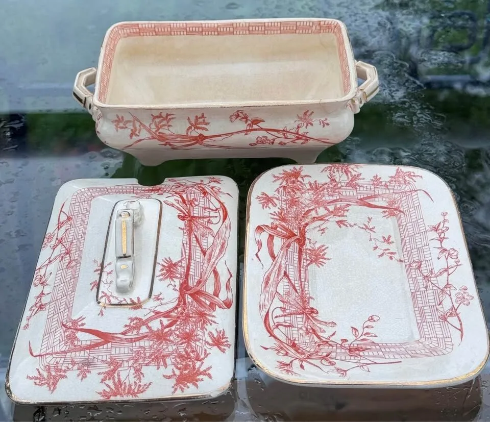COMPLETE 1886 Antique Ridgways "Dee-Side" Sauce Tureen & Underplate - Rust Dragonfly Transferware - photo 7
