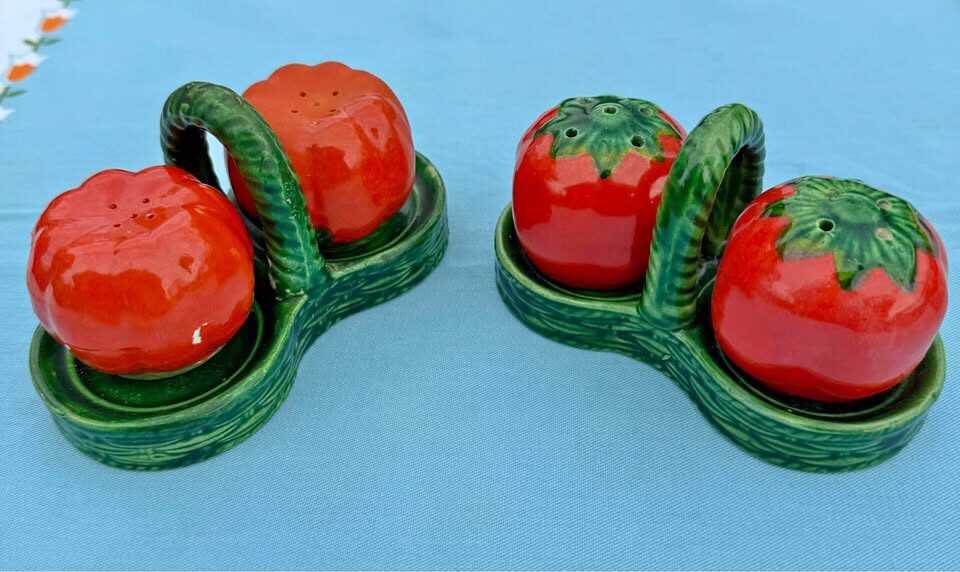 Vintage Ceramic Tomato Salt & Pepper Shaker Sets with Baskets - Lot of 2 Sets - photo 1