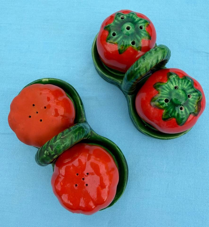 Vintage Ceramic Tomato Salt & Pepper Shaker Sets with Baskets - Lot of 2 Sets - photo 2