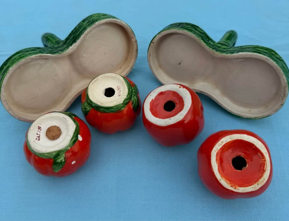 Vintage Ceramic Tomato Salt & Pepper Shaker Sets with Baskets - Lot of 2 Sets - photo 3