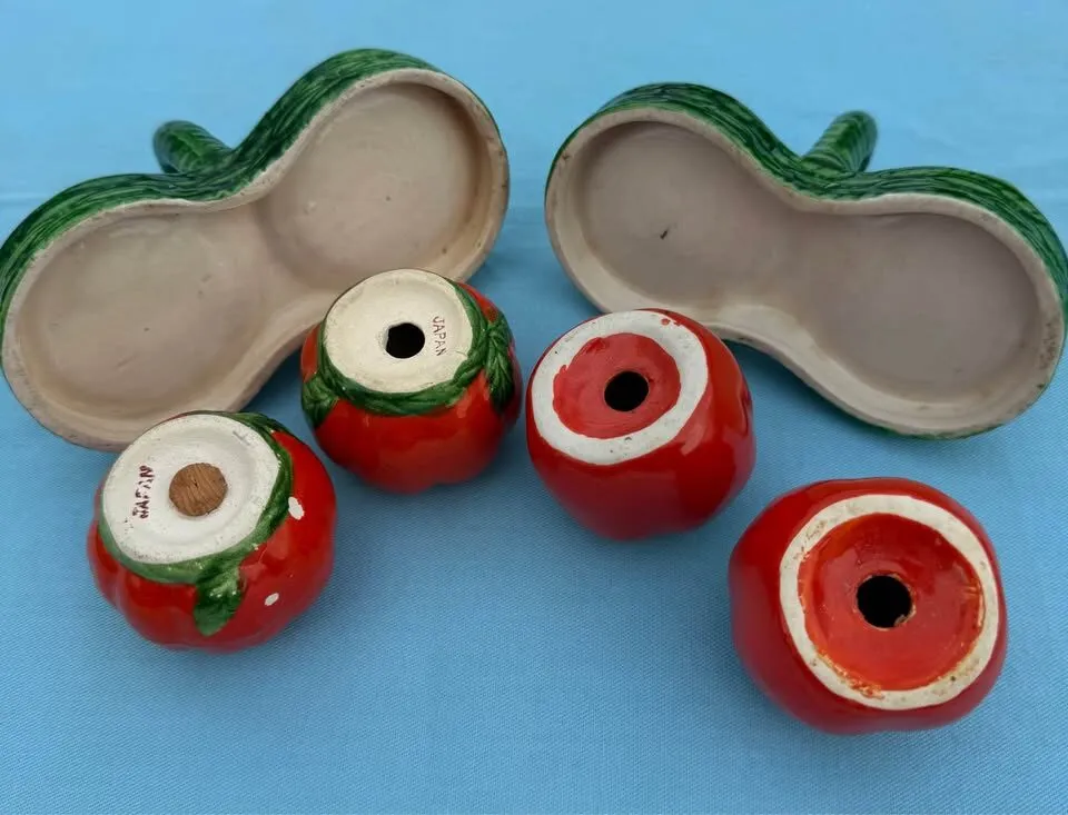 Vintage Ceramic Tomato Salt & Pepper Shaker Sets with Baskets - Lot of 2 Sets - photo 3