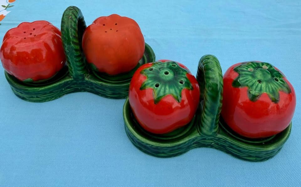 Vintage Ceramic Tomato Salt & Pepper Shaker Sets with Baskets - Lot of 2 Sets - photo 6
