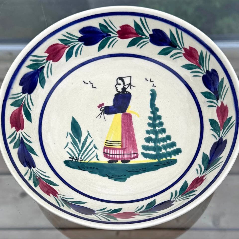 Vintage Henriot Quimper France 7” Hand-Painted Faience Bowl - Breton Woman