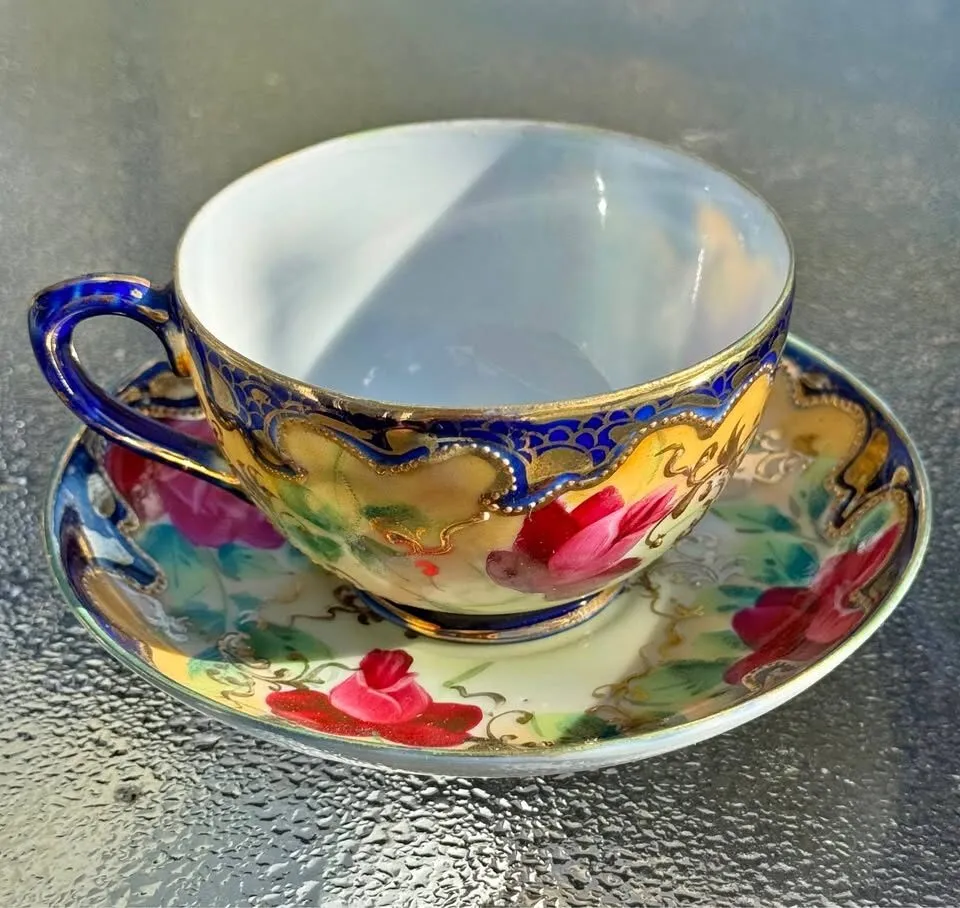 Antique Victorian Hand-Painted Cobalt & Gold Cup and Saucer - Roses, Excellent Condition" - photo 1