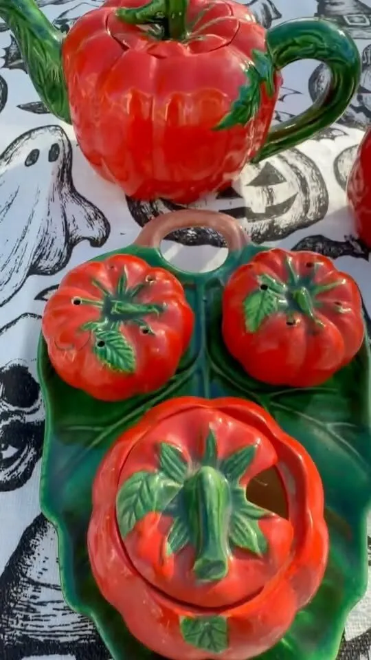 Vintage Maruhon Ware Tomato / Pumpkin Tea Set - 6 Pc Made in Japan - photo 1