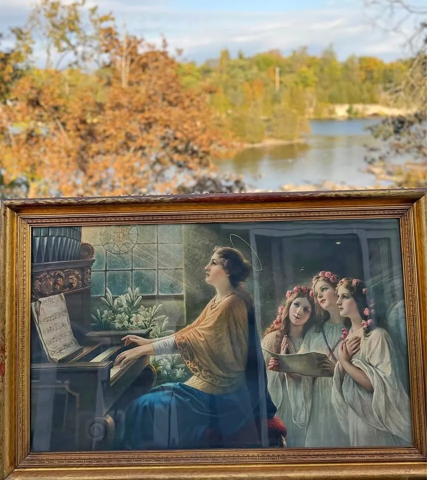 Large 1920s Antique Framed Catholic Lithograph - Saint Cecilia (Patron Saint of Music) 45”x 29” - photo 1