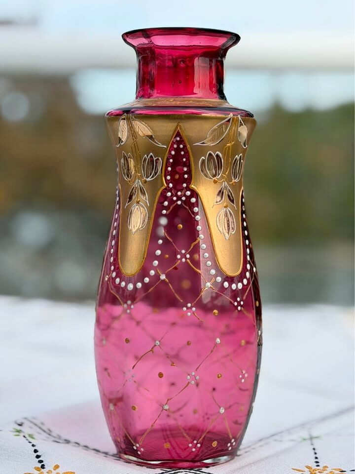 Pristine Antique Bohemian Cranberry Glass Vase - 8.5" Moser / Egermann Style - photo 1