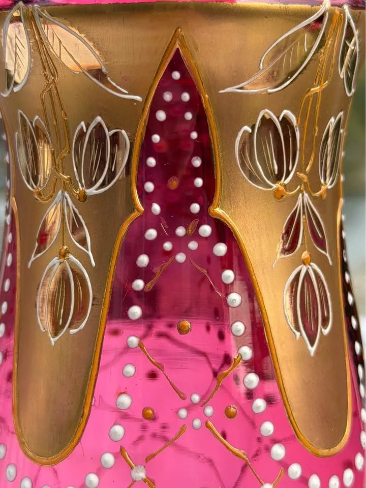Pristine Antique Bohemian Cranberry Glass Vase - 8.5" Moser / Egermann Style - photo 2