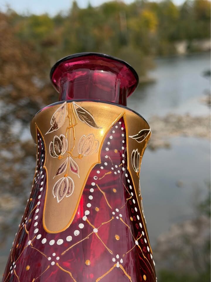 Pristine Antique Bohemian Cranberry Glass Vase - 8.5" Moser / Egermann Style - photo 4