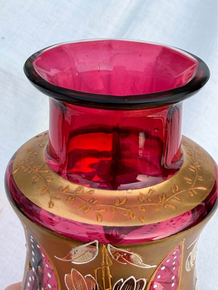 Pristine Antique Bohemian Cranberry Glass Vase - 8.5" Moser / Egermann Style - photo 5