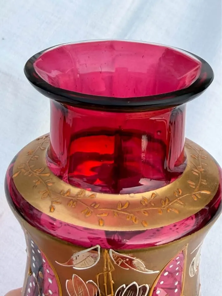 Pristine Antique Bohemian Cranberry Glass Vase - 8.5" Moser / Egermann Style - photo 5