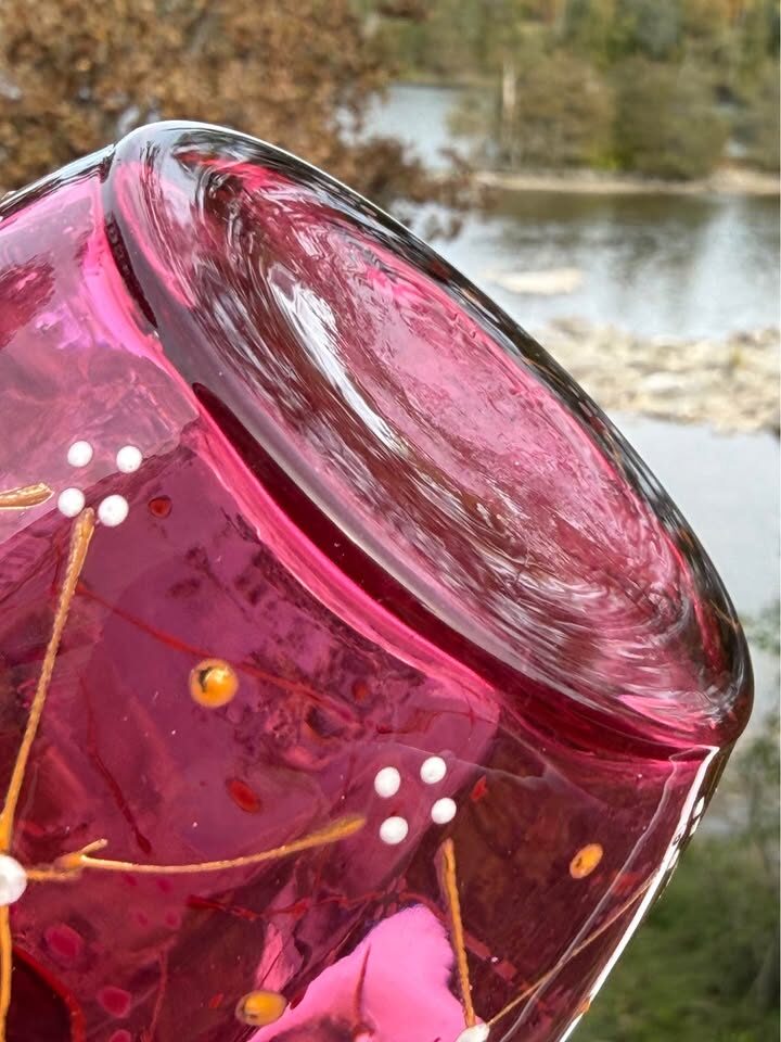 Pristine Antique Bohemian Cranberry Glass Vase - 8.5" Moser / Egermann Style - photo 8