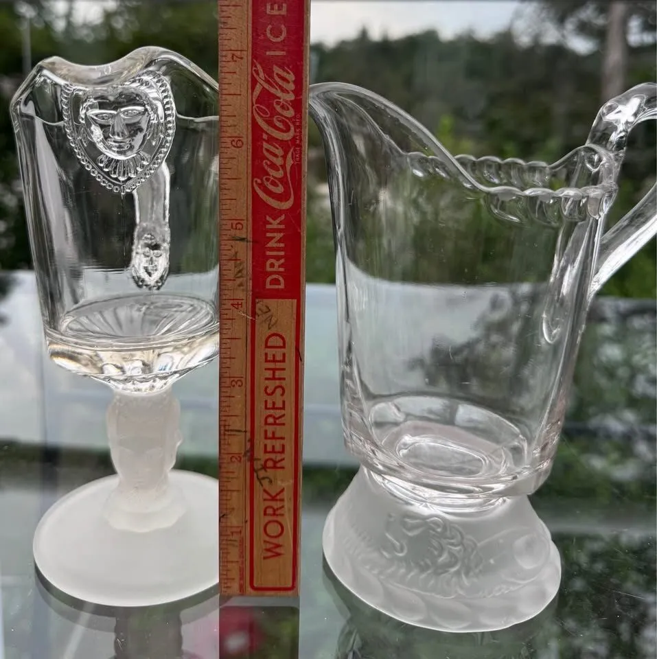 Pair of Vintage "Three Face" & "Frosted Lion" Glass Creamers (Reproductions) - photo 9