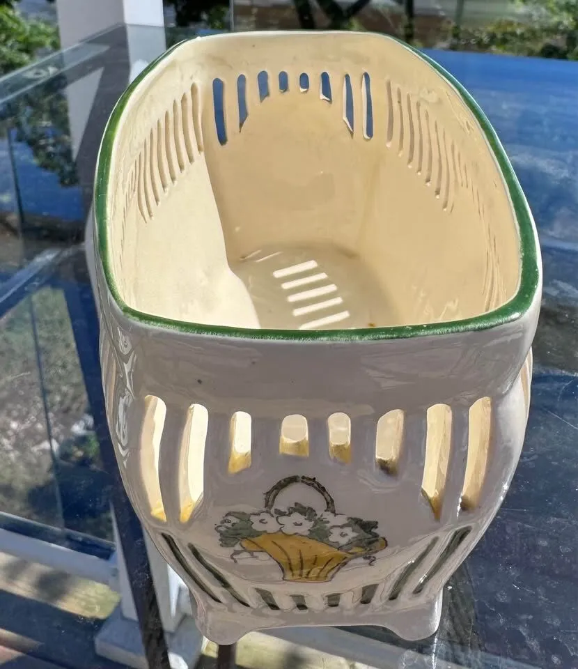 Vintage Reticulated Ceramic Basket Bowl - Mid Century Hand Painted - photo 2