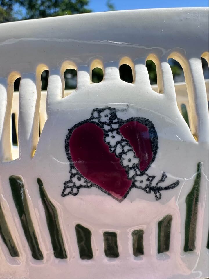 Vintage Reticulated Ceramic Basket Bowl - Mid Century Hand Painted - photo 5