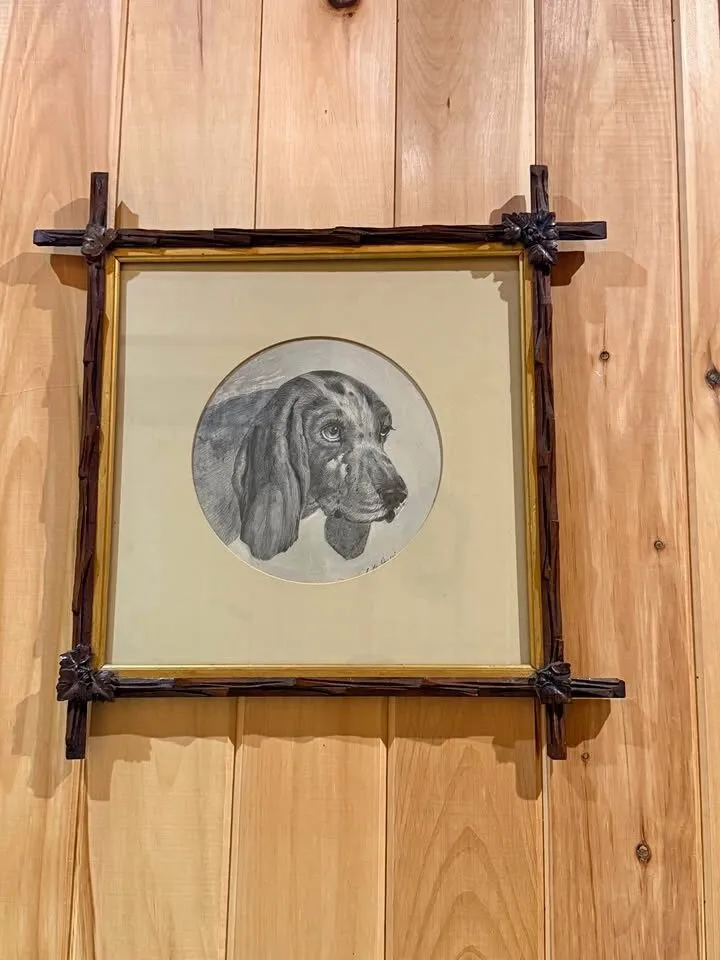 Antique 17x17" Leaf-Carved Frame & Dog Sketch – Boyd Estate Provenance - photo 1