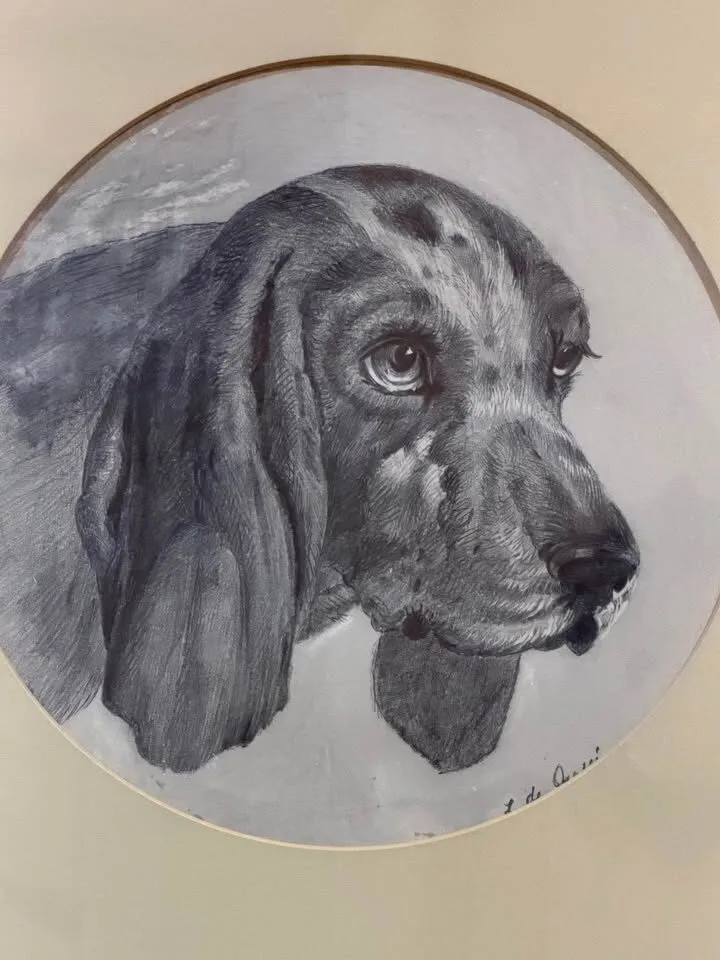 Antique 17x17" Leaf-Carved Frame & Dog Sketch – Boyd Estate Provenance - photo 2
