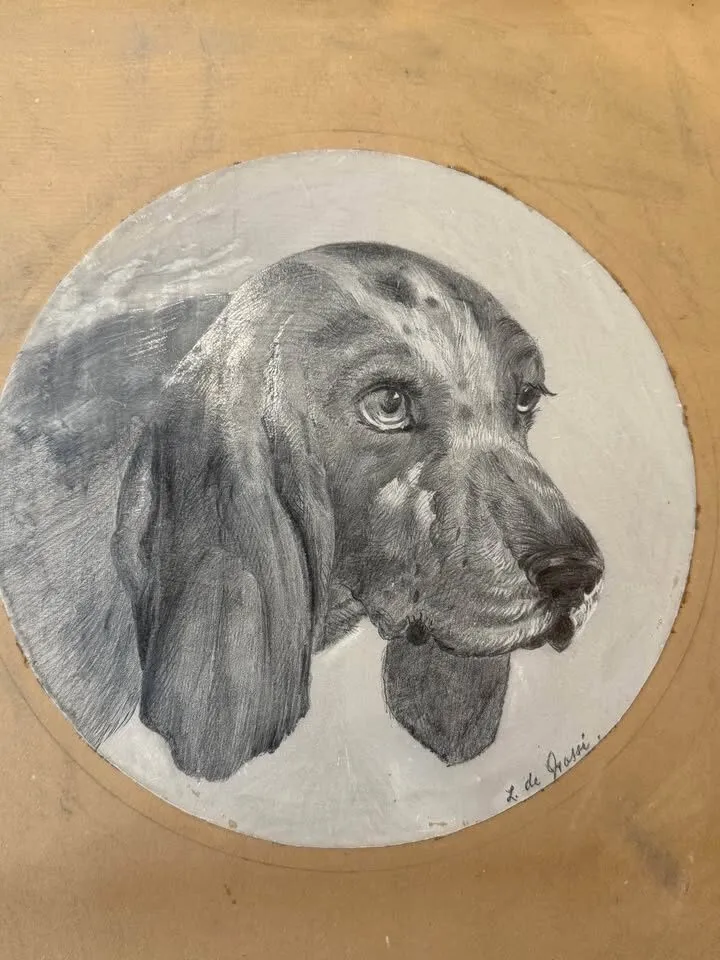 Antique 17x17" Leaf-Carved Frame & Dog Sketch – Boyd Estate Provenance - photo 5