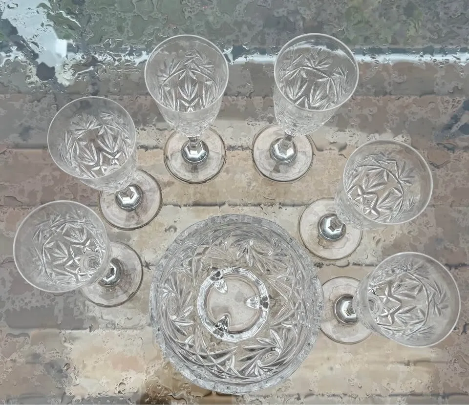 Vintage Bohemian Cut Crystal 7-Piece Serving Bowl & Matching Stemmed Glasses Set - photo 3