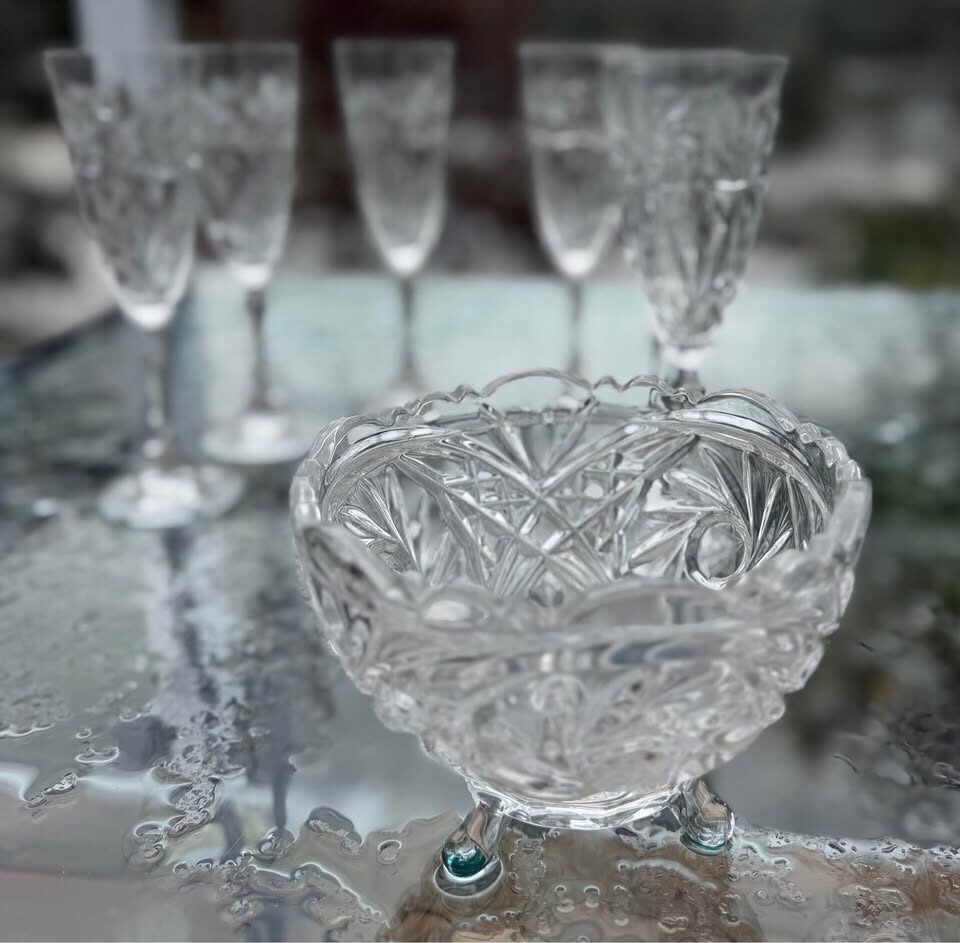 Vintage Bohemian Cut Crystal 7-Piece Serving Bowl & Matching Stemmed Glasses Set - photo 4