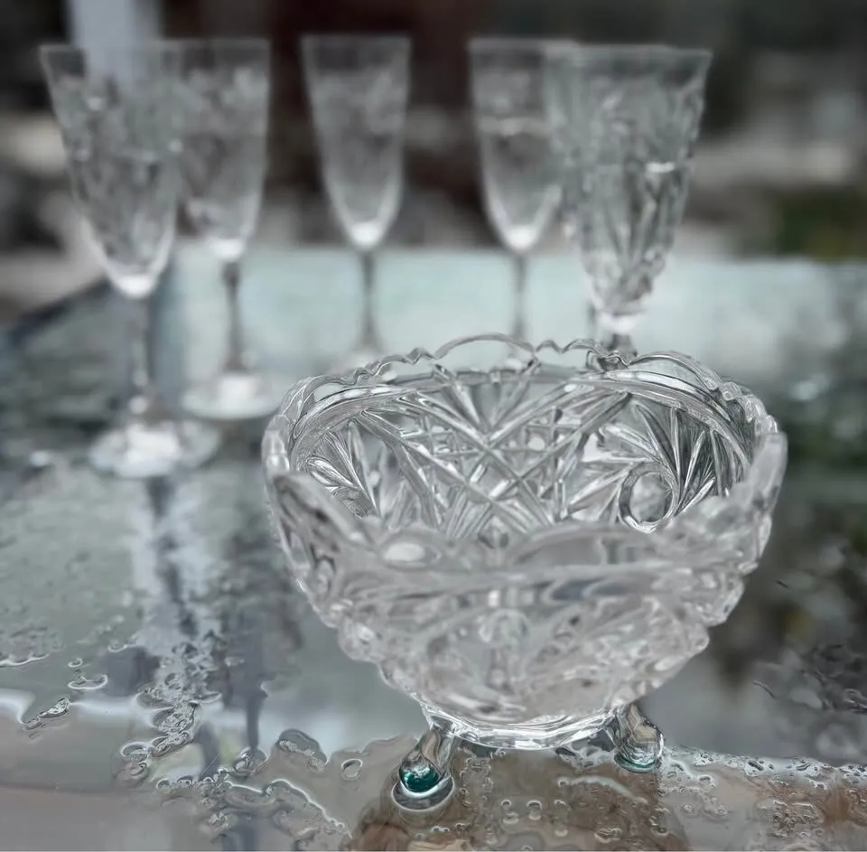 Vintage Bohemian Cut Crystal 7-Piece Serving Bowl & Matching Stemmed Glasses Set - photo 4